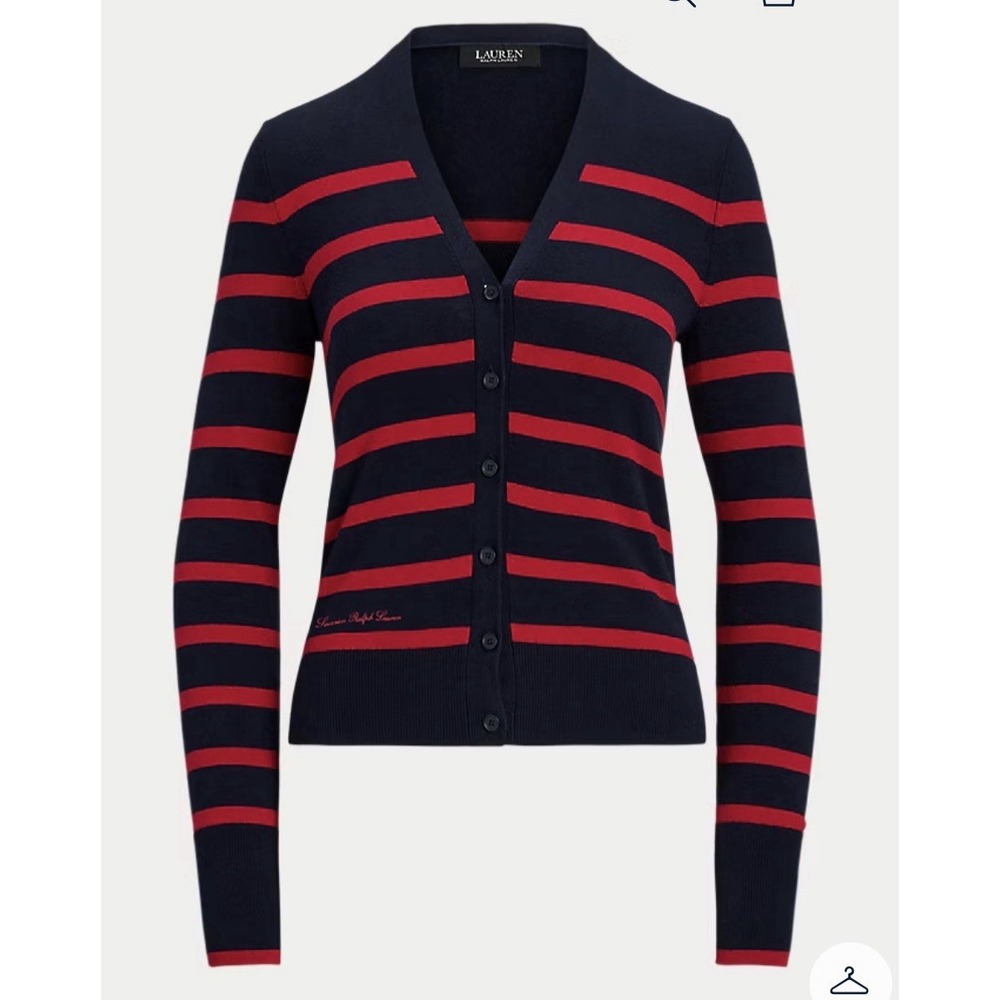 Lauren Ralph Lauren Women Striped Cotton Cardigan Sweater Navy/Red Size Large